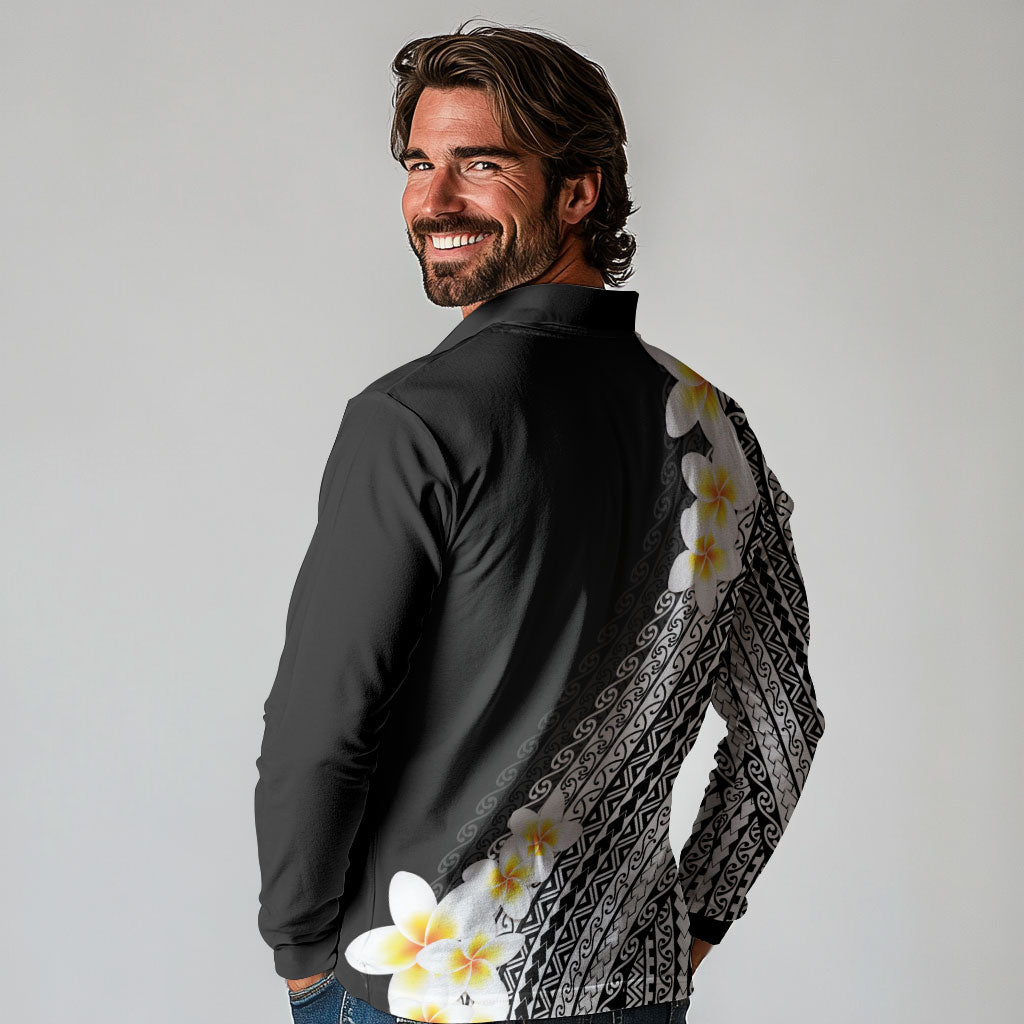 Tahiti Plumeria Tribal Pattern Long Sleeve Polo Shirt Wave Style Black LT05 - Polynesian Pride