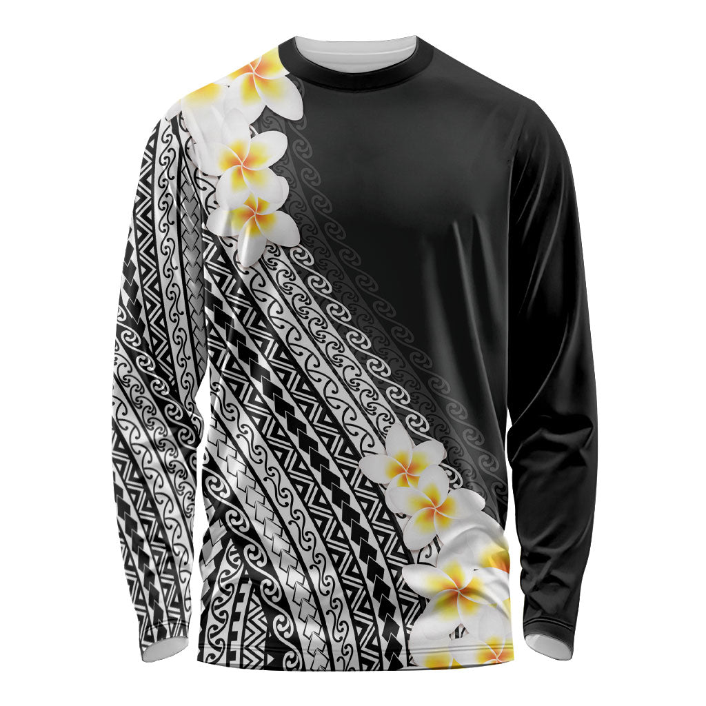 Tahiti Plumeria Tribal Pattern Long Sleeve Shirt Wave Style Black LT05 Unisex Black - Polynesian Pride