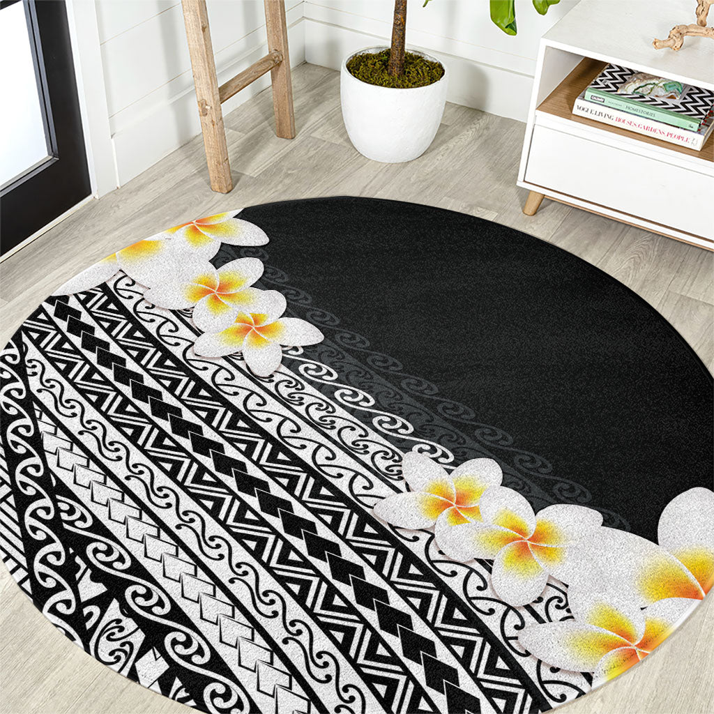 Tahiti Plumeria Tribal Pattern Round Carpet Wave Style Black LT05 Black - Polynesian Pride