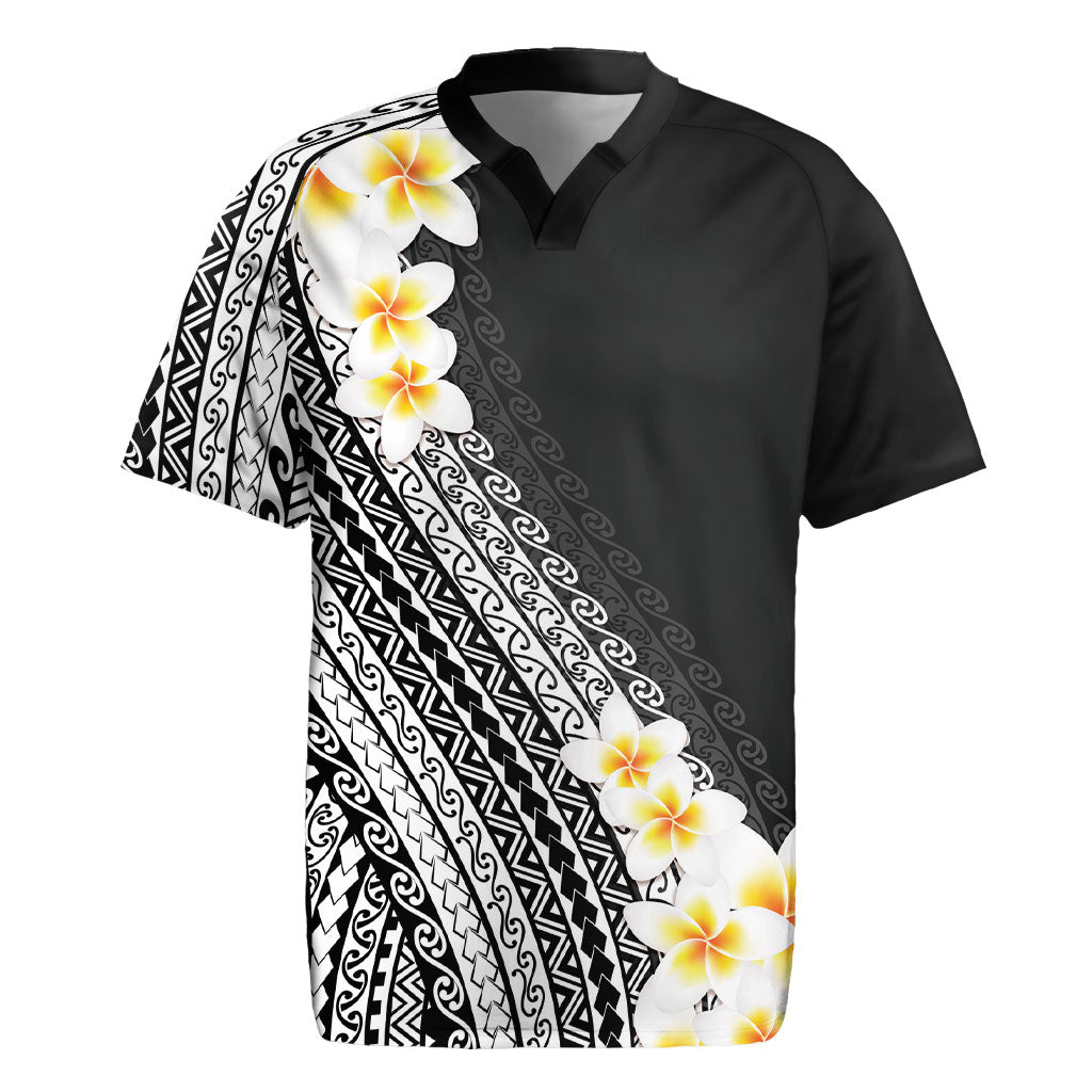 Tahiti Plumeria Tribal Pattern Rugby Jersey Wave Style Black