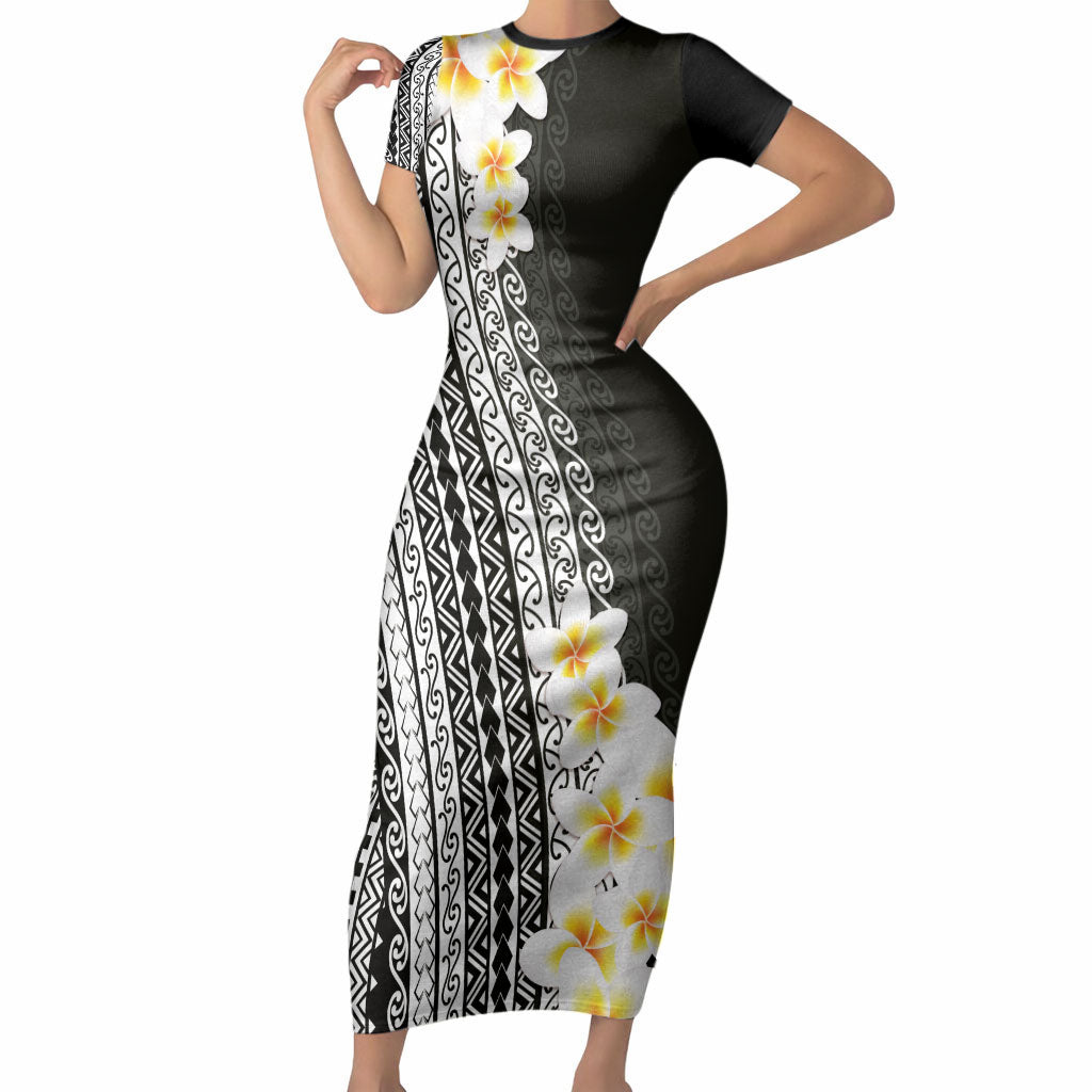 Tahiti Plumeria Tribal Pattern Short Sleeve Bodycon Dress Wave Style Black