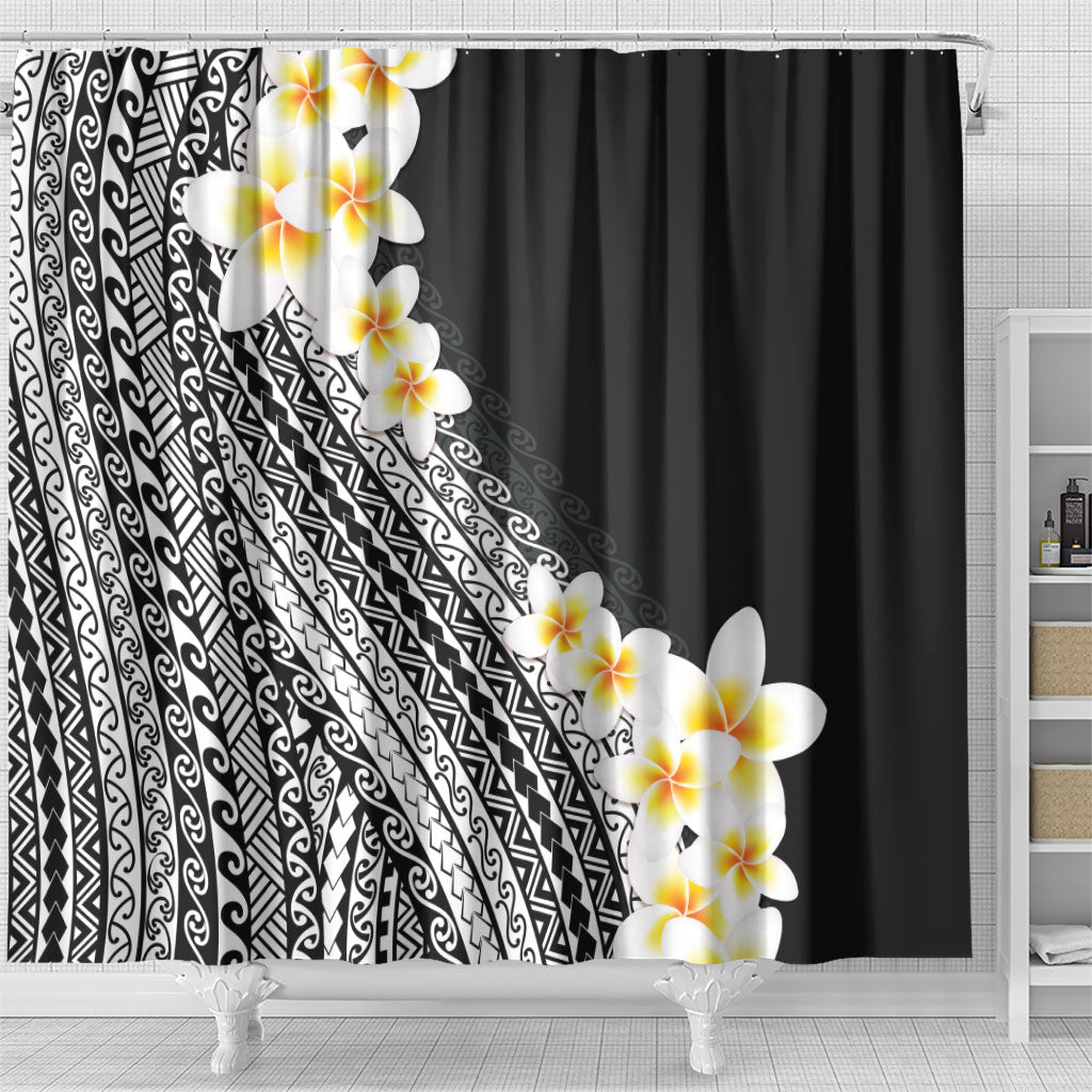 Tahiti Plumeria Tribal Pattern Shower Curtain Wave Style Black LT05 - Polynesian Pride