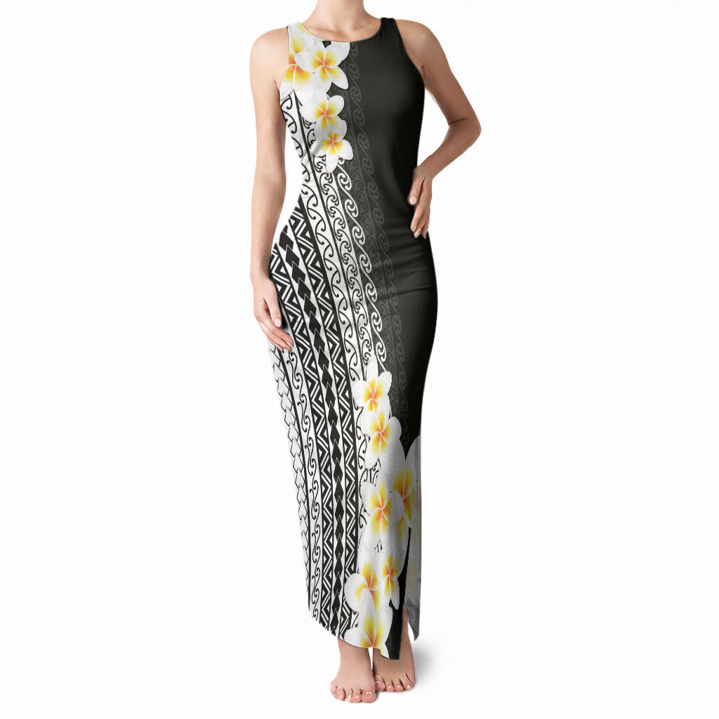 Tahiti Plumeria Tribal Pattern Tank Maxi Dress Wave Style Black