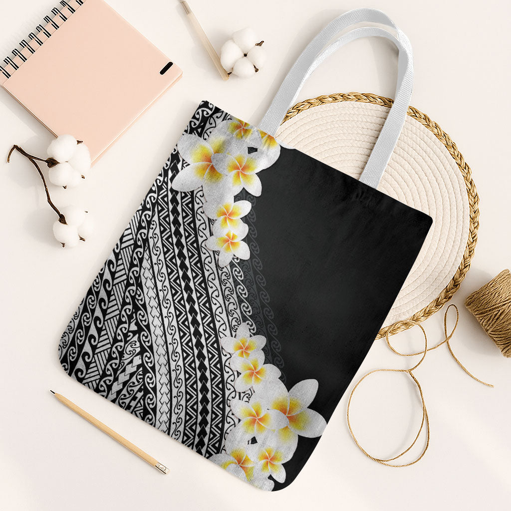 Tahiti Plumeria Tribal Pattern Tote Bag Wave Style Black LT05 White Strap One Size Black - Polynesian Pride