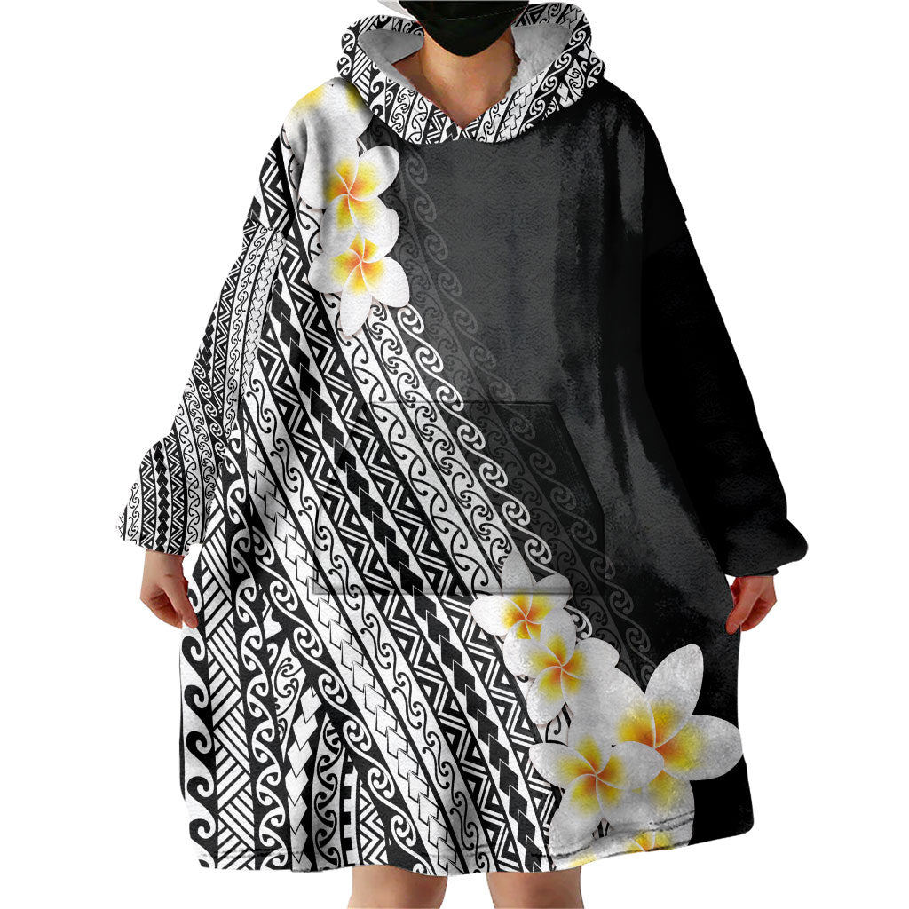 Tahiti Plumeria Tribal Pattern Wearable Blanket Hoodie Wave Style Black LT05 - Polynesian Pride