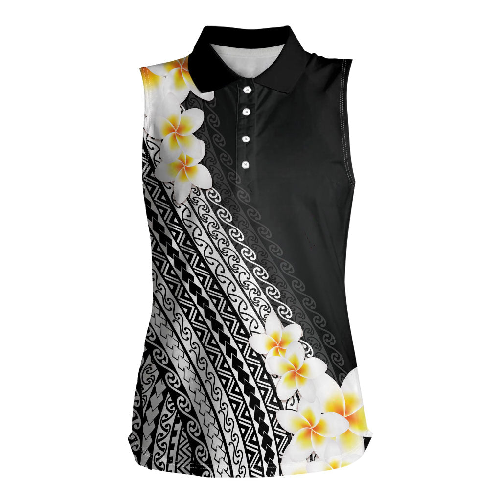 Tahiti Plumeria Tribal Pattern Women Sleeveless Polo Shirt Wave Style Black