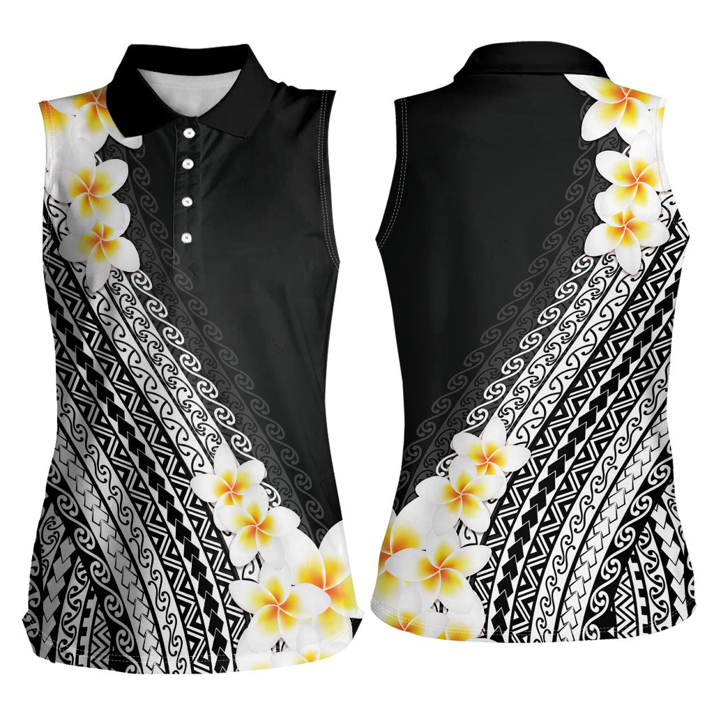 Tahiti Plumeria Tribal Pattern Women Sleeveless Polo Shirt Wave Style Black LT05 - Polynesian Pride
