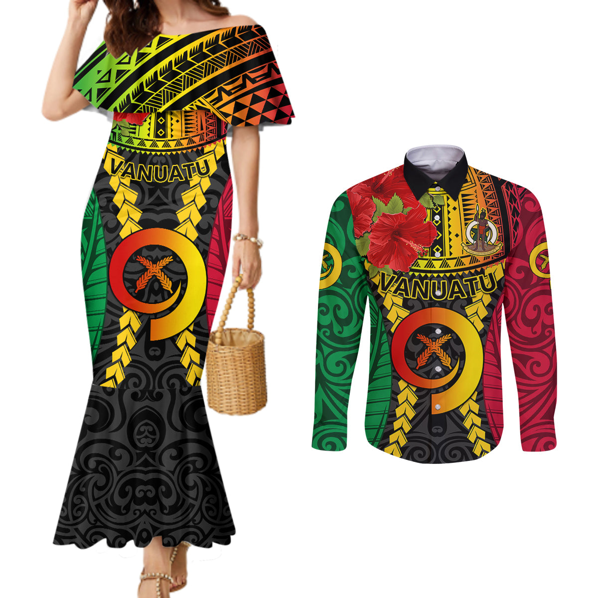 Vanuatu Couples Matching Mermaid Dress and Long Sleeve Button Shirts Vanuatuan Coat Of Arms Mix Pig Tusk Poynesian Pattern LT05 Reggae - Polynesian Pride