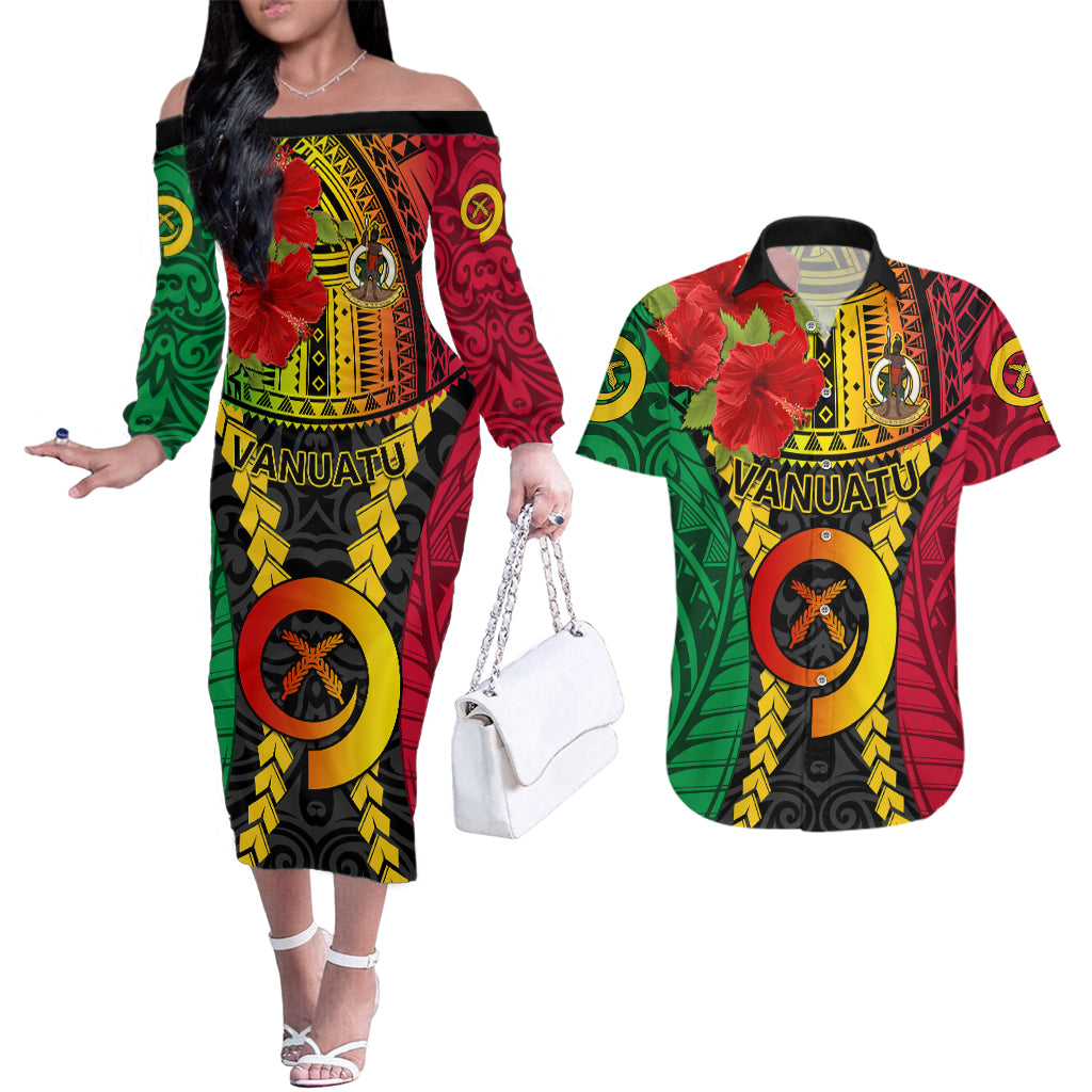 Vanuatu Couples Matching Off The Shoulder Long Sleeve Dress and Hawaiian Shirt Vanuatuan Coat Of Arms Mix Pig Tusk Poynesian Pattern LT05 Reggae - Polynesian Pride