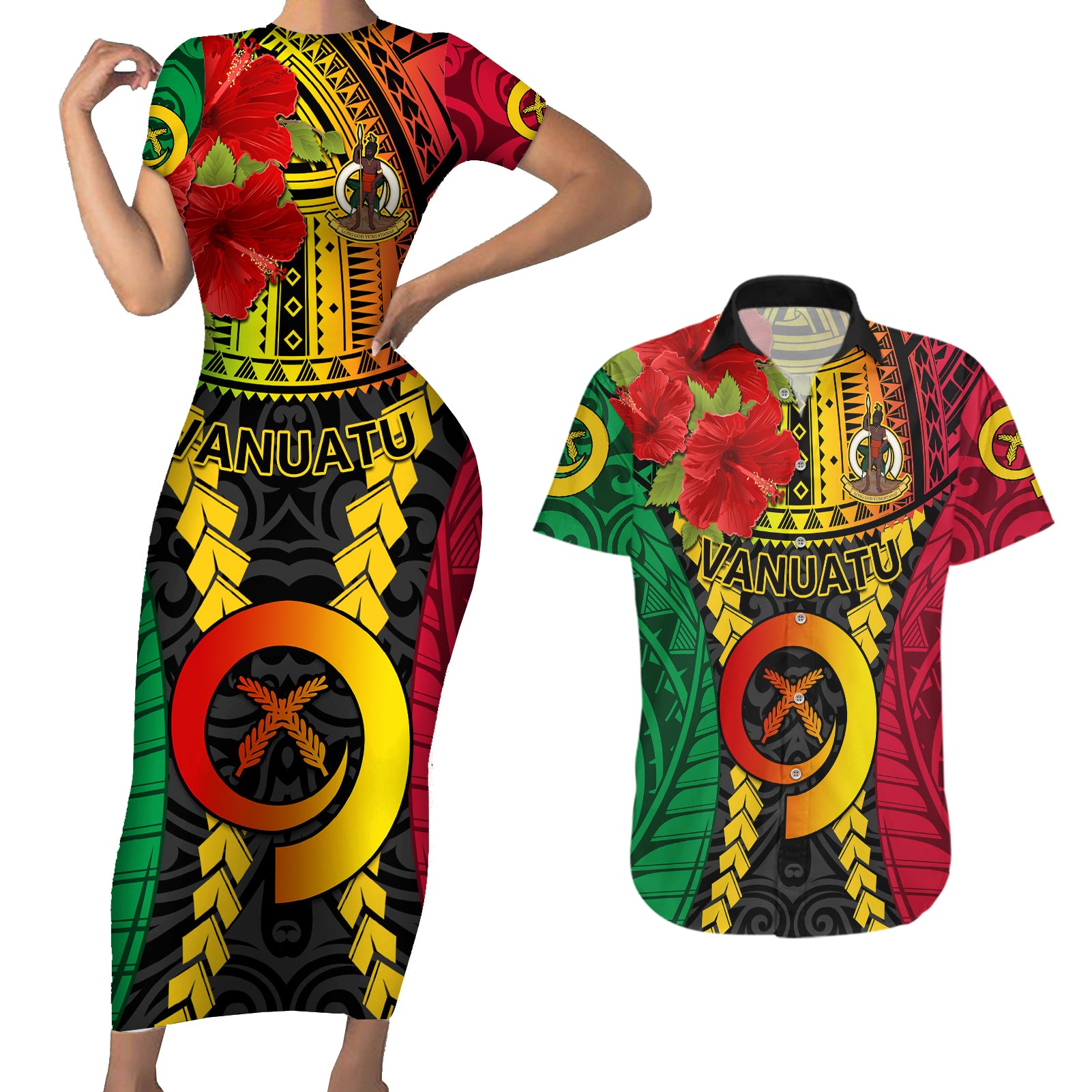 Vanuatu Couples Matching Short Sleeve Bodycon Dress and Hawaiian Shirt Vanuatuan Coat Of Arms Mix Pig Tusk Poynesian Pattern LT05 Reggae - Polynesian Pride