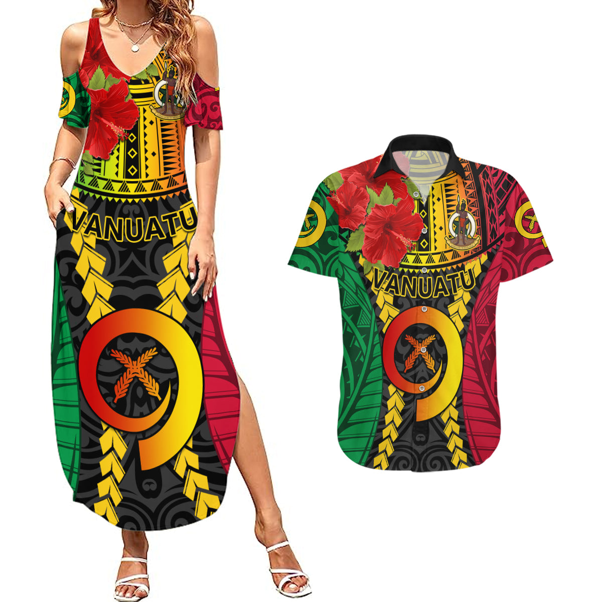 Vanuatu Couples Matching Summer Maxi Dress and Hawaiian Shirt Vanuatuan Coat Of Arms Mix Pig Tusk Poynesian Pattern LT05 Reggae - Polynesian Pride