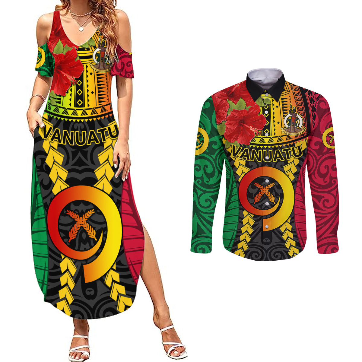 Vanuatu Couples Matching Summer Maxi Dress and Long Sleeve Button Shirts Vanuatuan Coat Of Arms Mix Pig Tusk Poynesian Pattern LT05 Reggae - Polynesian Pride