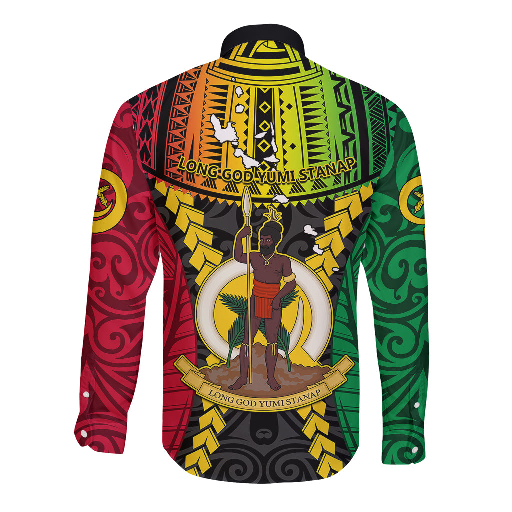 Vanuatu Long Sleeve Button Shirt Vanuatuan Coat Of Arms Mix Pig Tusk Poynesian Pattern LT05 - Polynesian Pride