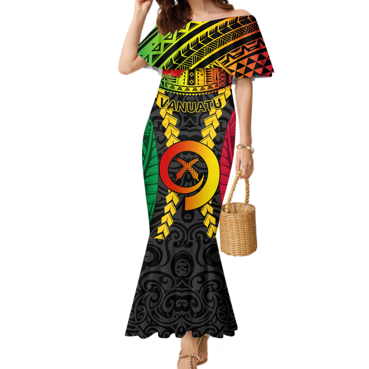 Vanuatu Mermaid Dress Vanuatuan Coat Of Arms Mix Pig Tusk Poynesian Pattern LT05 Women Reggae - Polynesian Pride