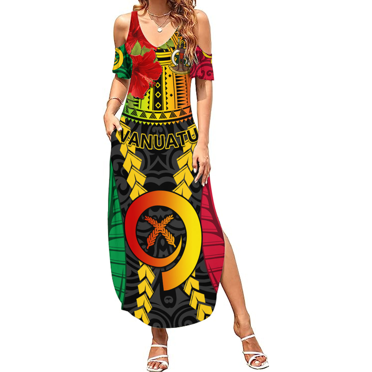 Vanuatu Summer Maxi Dress Vanuatuan Coat Of Arms Mix Pig Tusk Poynesian Pattern LT05 Women Reggae - Polynesian Pride