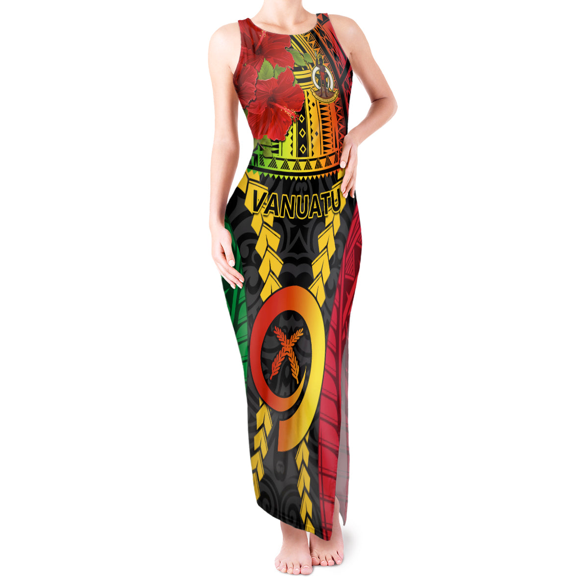 Vanuatu Tank Maxi Dress Vanuatuan Coat Of Arms Mix Pig Tusk Poynesian Pattern LT05 Women Reggae - Polynesian Pride