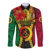 Personalized Vanuatu Long Sleeve Button Shirt Vanuatuan Coat Of Arms Mix Pig Tusk Poynesian Pattern LT05 Unisex Reggae - Polynesian Pride