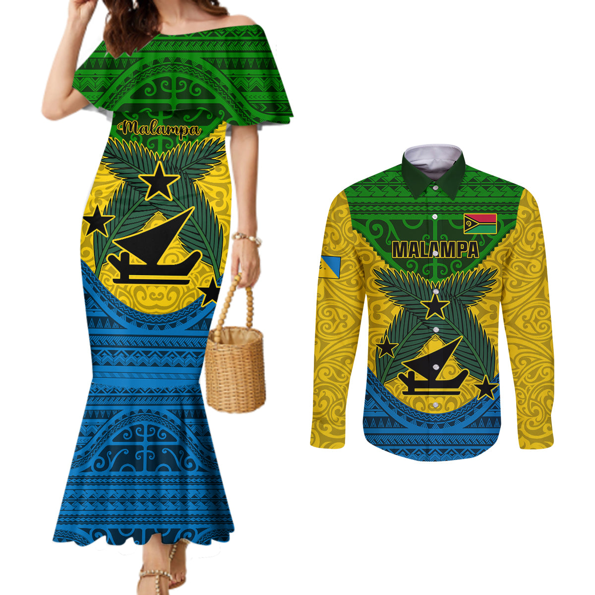 Vanuatu Malampa Province Couples Matching Mermaid Dress and Long Sleeve Button Shirts Coat Of Arms And Namele Fern Polynesian Pattern LT05 Yellow - Polynesian Pride