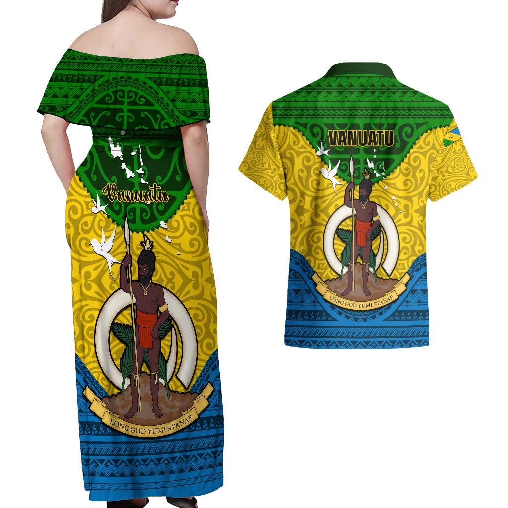 Vanuatu Malampa Province Couples Matching Off Shoulder Maxi Dress and Hawaiian Shirt Coat Of Arms And Namele Fern Polynesian Pattern LT05 - Polynesian Pride