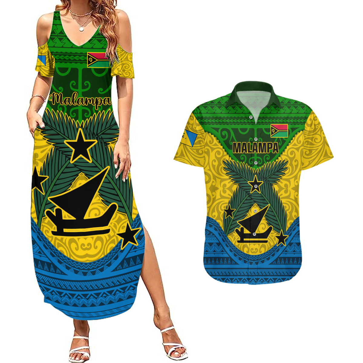 Vanuatu Malampa Province Couples Matching Summer Maxi Dress and Hawaiian Shirt Coat Of Arms And Namele Fern Polynesian Pattern LT05 Yellow - Polynesian Pride