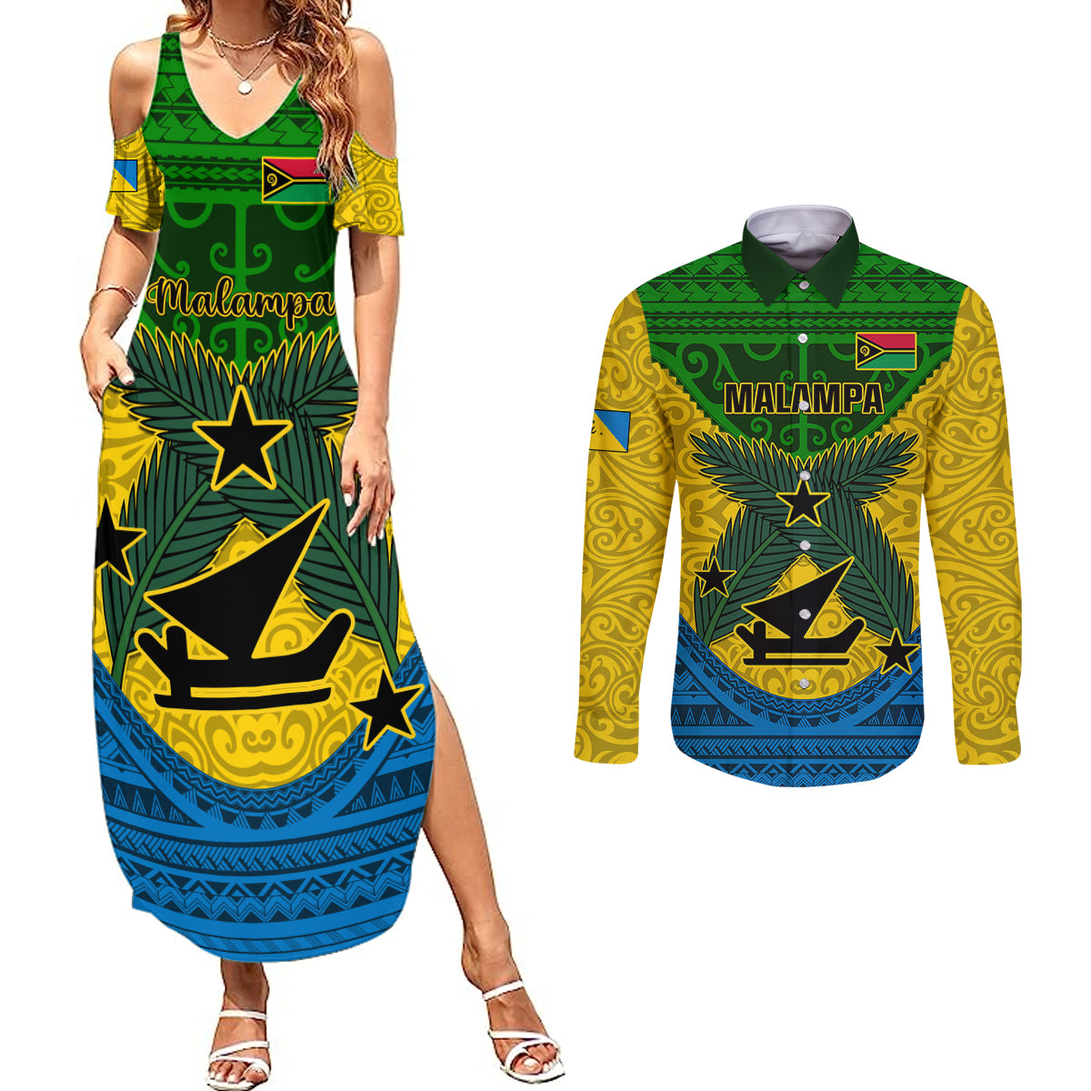 Vanuatu Malampa Province Couples Matching Summer Maxi Dress and Long Sleeve Button Shirts Coat Of Arms And Namele Fern Polynesian Pattern LT05 Yellow - Polynesian Pride