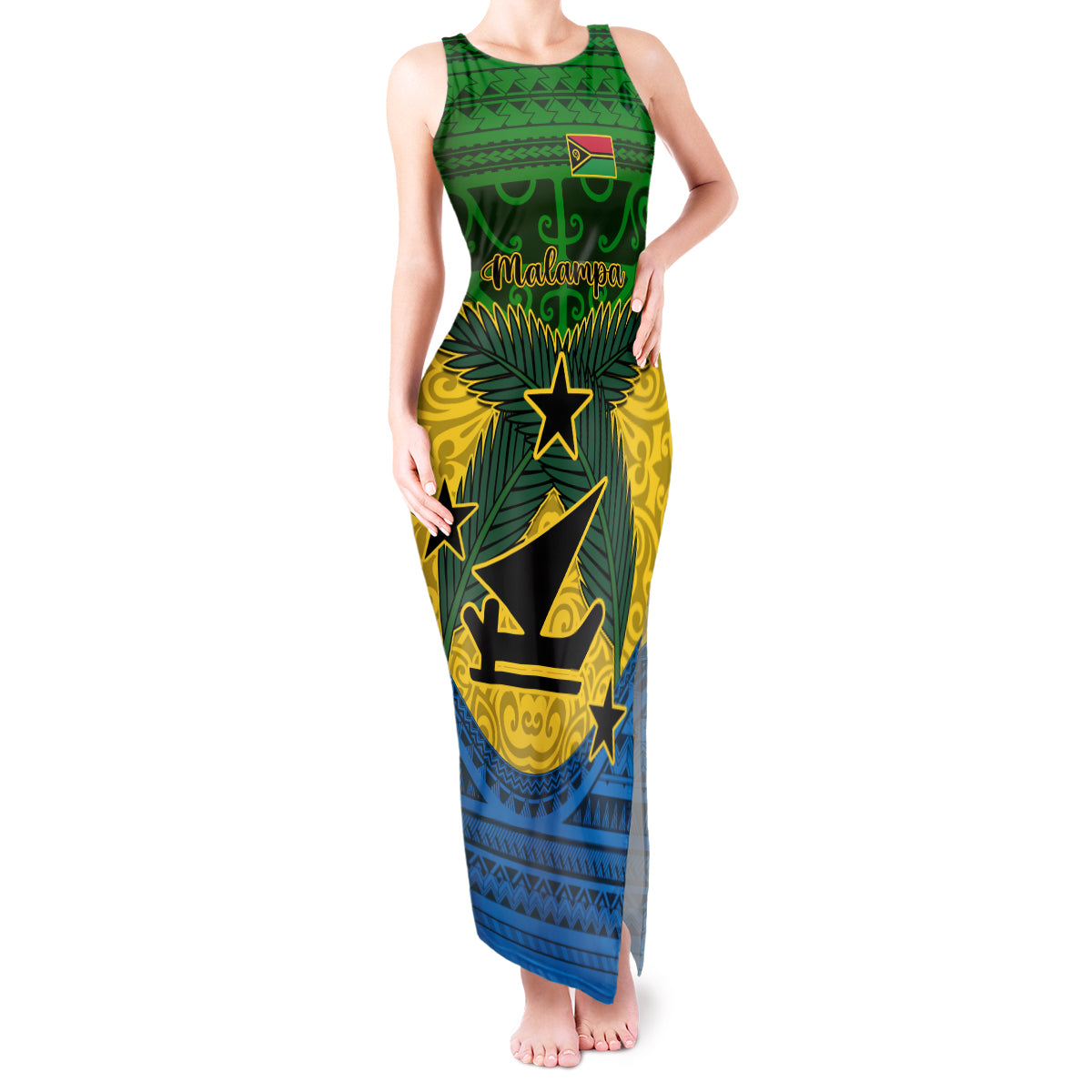 Vanuatu Malampa Province Tank Maxi Dress Coat Of Arms And Namele Fern Polynesian Pattern LT05 Women Yellow - Polynesian Pride