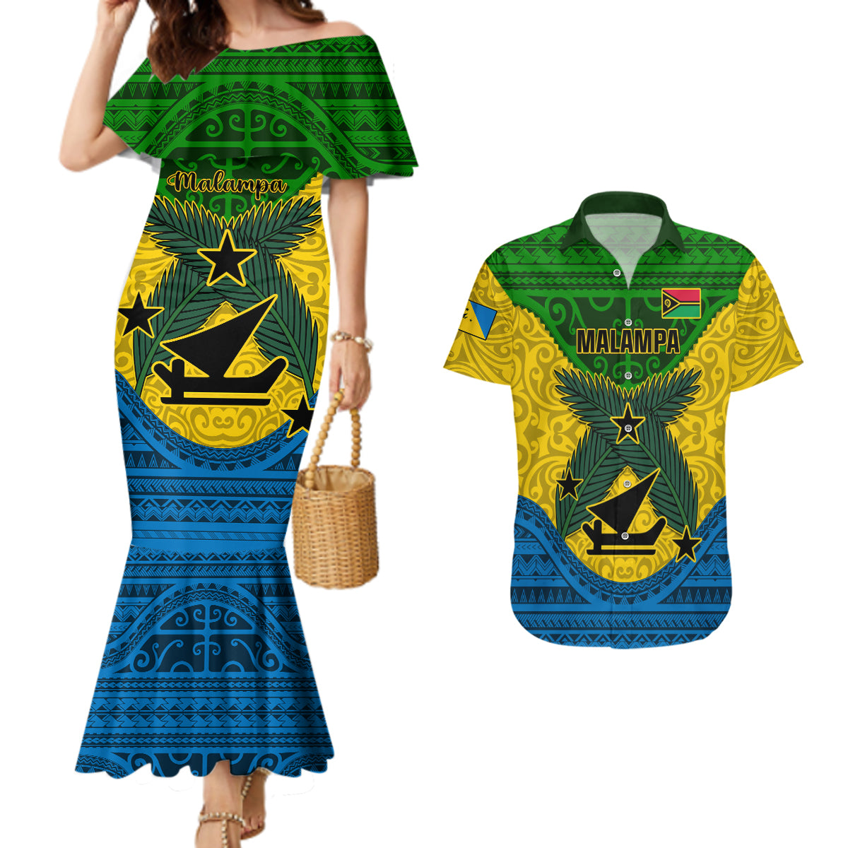 Personalized Vanuatu Malampa Province Couples Matching Mermaid Dress and Hawaiian Shirt Coat Of Arms And Namele Fern Polynesian Pattern LT05 Yellow - Polynesian Pride