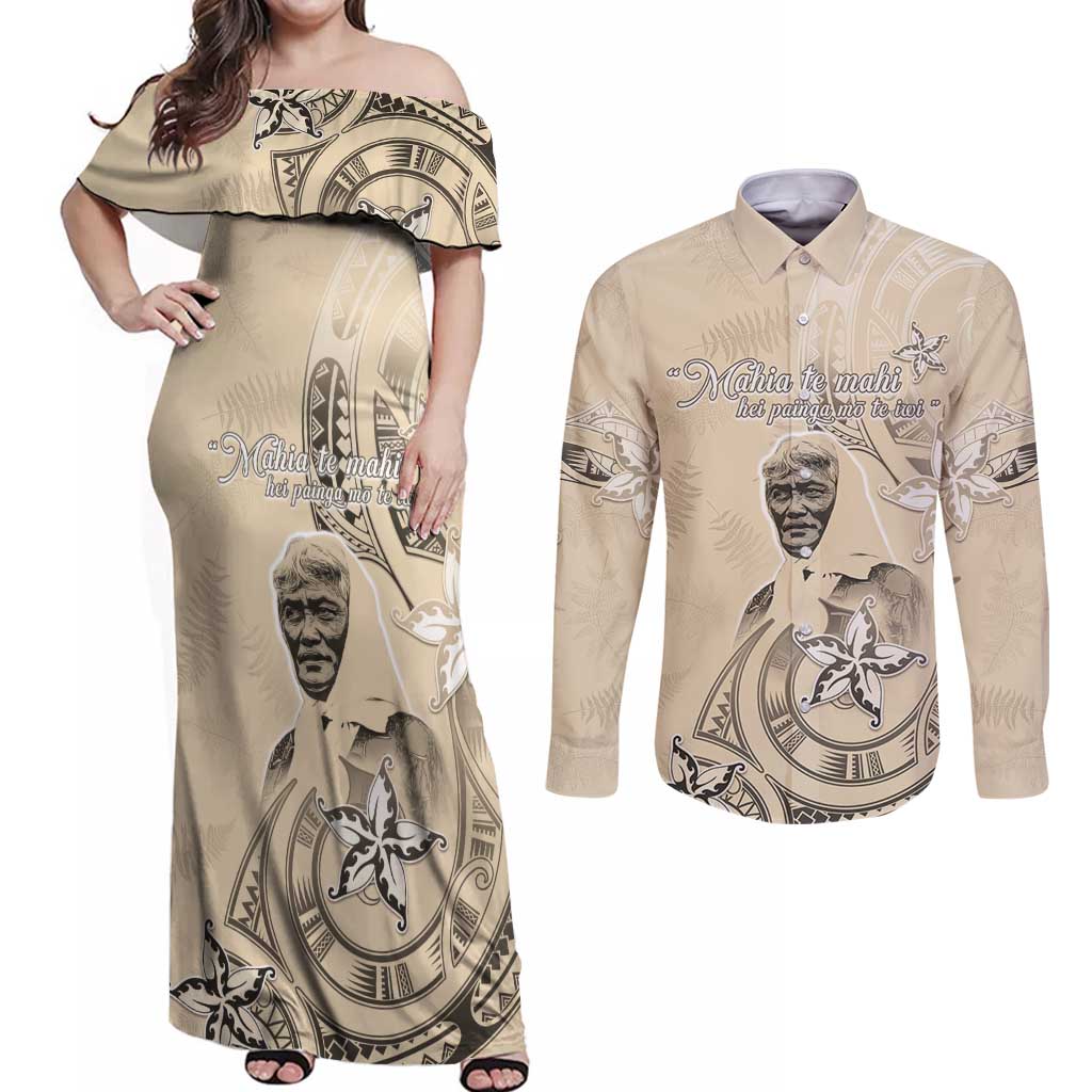 New Zealand Aotearoa Princess Te Puea Couples Matching Off Shoulder Maxi Dress and Long Sleeve Button Shirt Maori Pattern