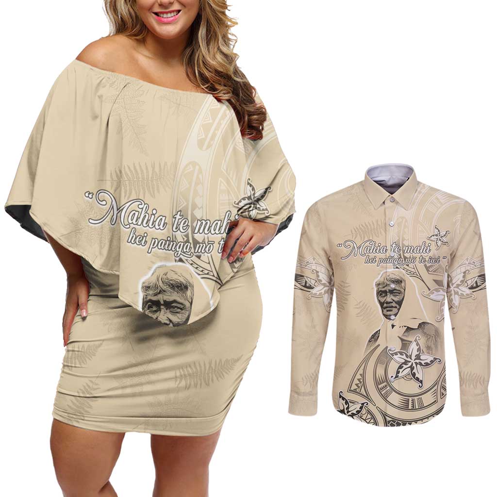 New Zealand Aotearoa Princess Te Puea Couples Matching Off Shoulder Short Dress and Long Sleeve Button Shirt Maori Pattern