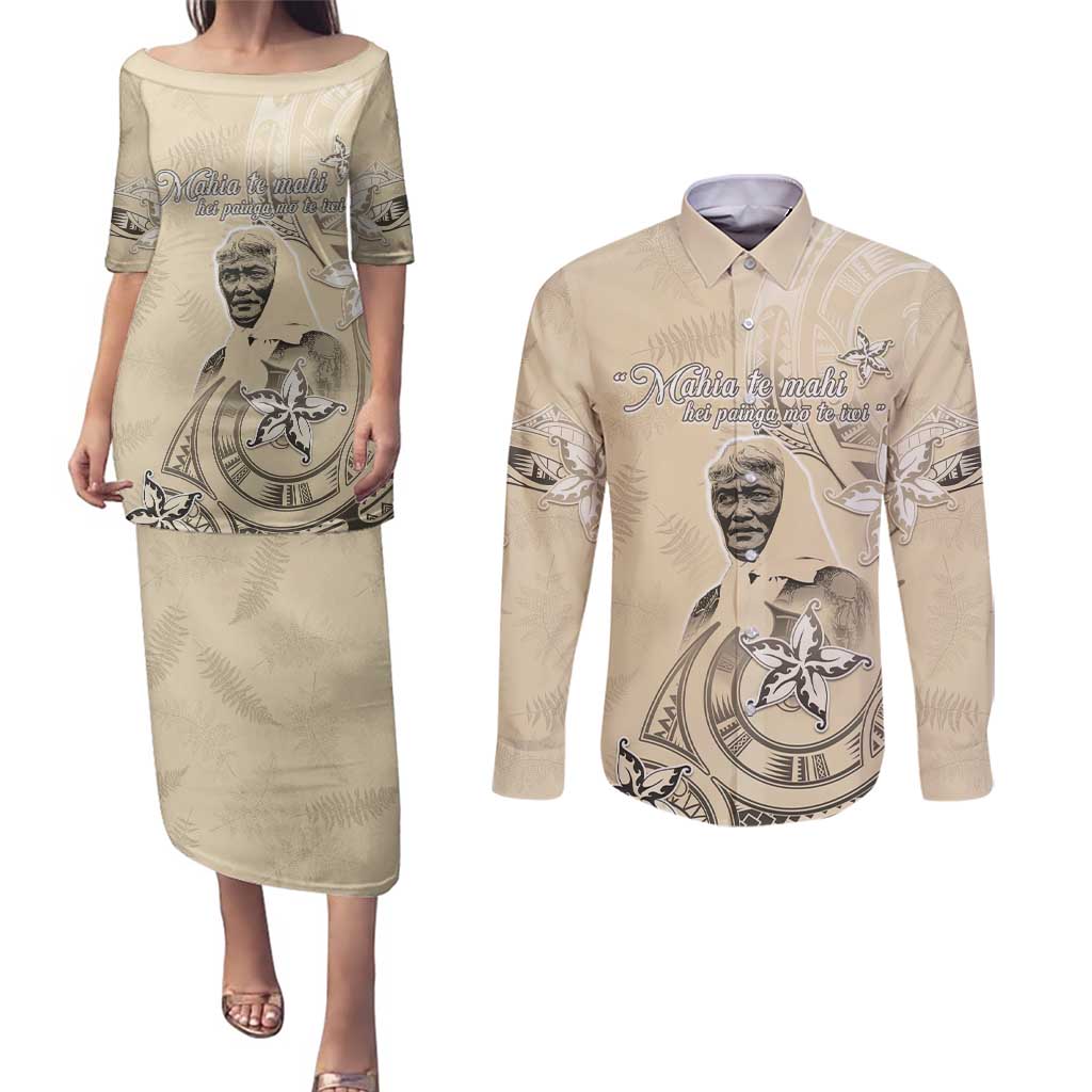 New Zealand Aotearoa Princess Te Puea Couples Matching Puletasi and Long Sleeve Button Shirt Maori Pattern