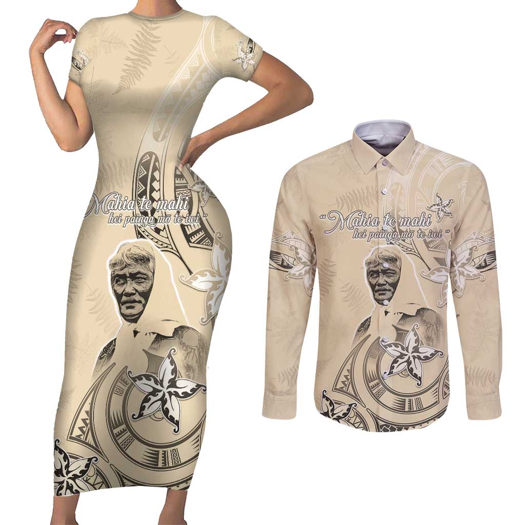 New Zealand Aotearoa Princess Te Puea Couples Matching Short Sleeve Bodycon Dress and Long Sleeve Button Shirt Maori Pattern