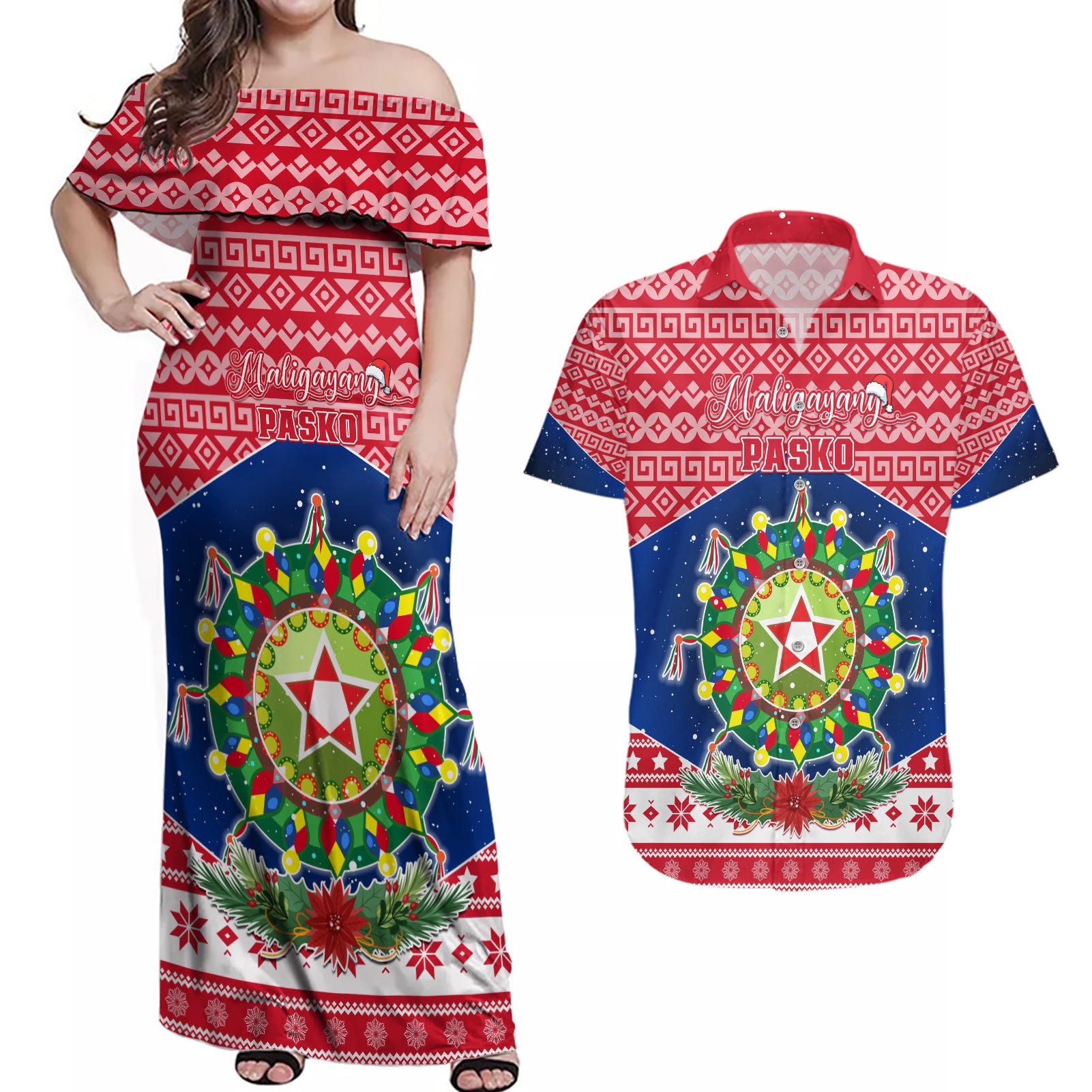 Personalised Philippines Christmas Couples Matching Off Shoulder Maxi Dress and Hawaiian Shirt Filipino Parol Maligayang Pasko LT05 Red - Polynesian Pride