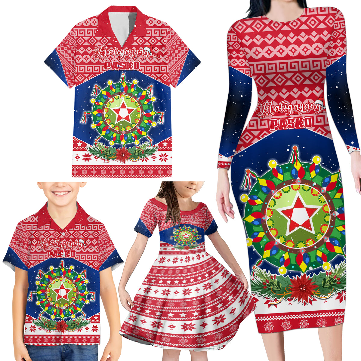 Personalised Philippines Christmas Family Matching Long Sleeve Bodycon Dress and Hawaiian Shirt Filipino Parol Maligayang Pasko LT05 - Polynesian Pride