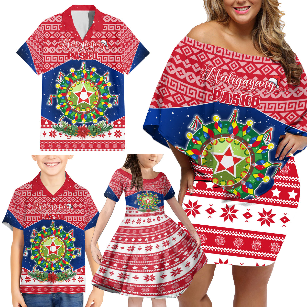 Personalised Philippines Christmas Family Matching Off Shoulder Short Dress and Hawaiian Shirt Filipino Parol Maligayang Pasko LT05 - Polynesian Pride