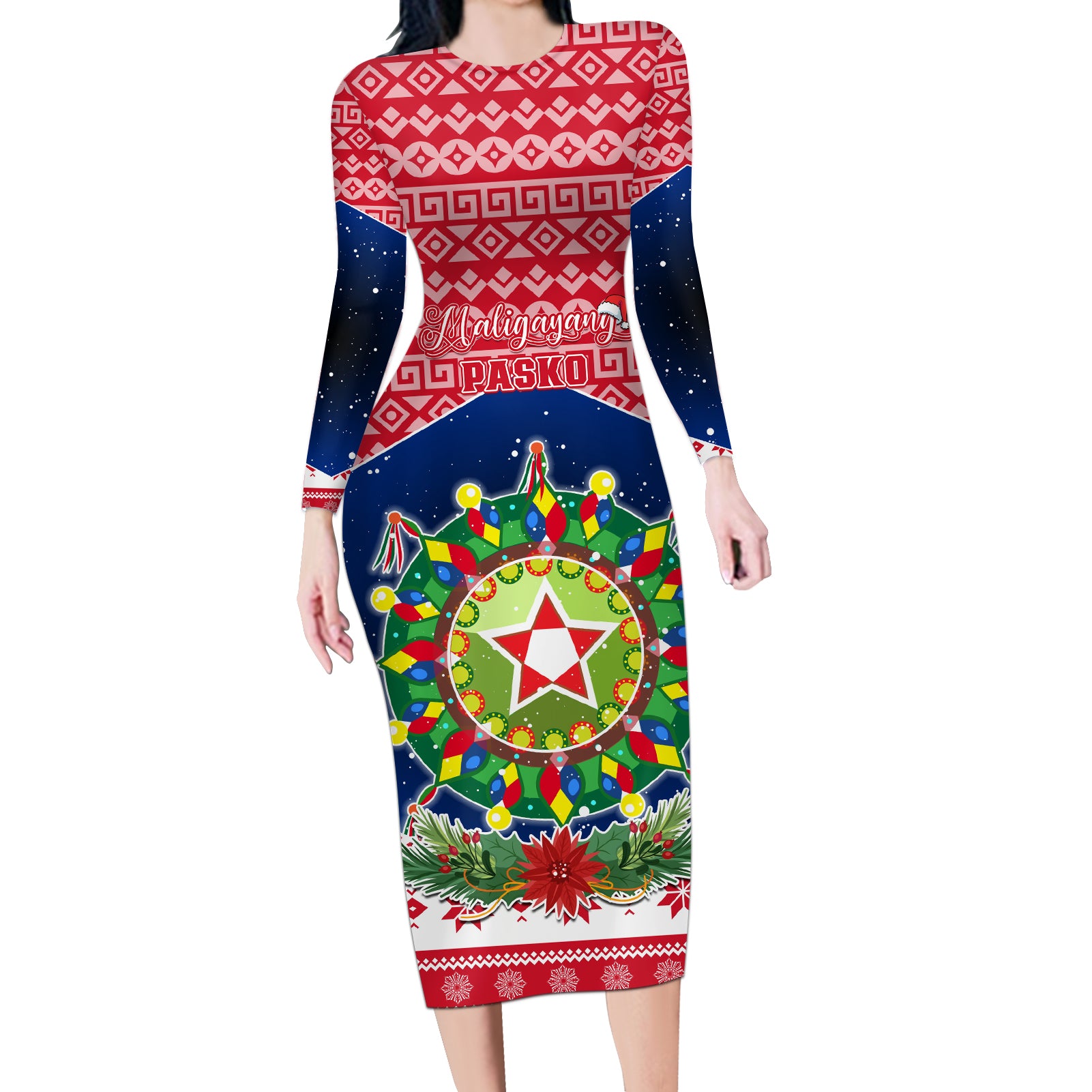 Personalised Philippines Christmas Long Sleeve Bodycon Dress Filipino Parol Maligayang Pasko LT05 Long Dress Red - Polynesian Pride