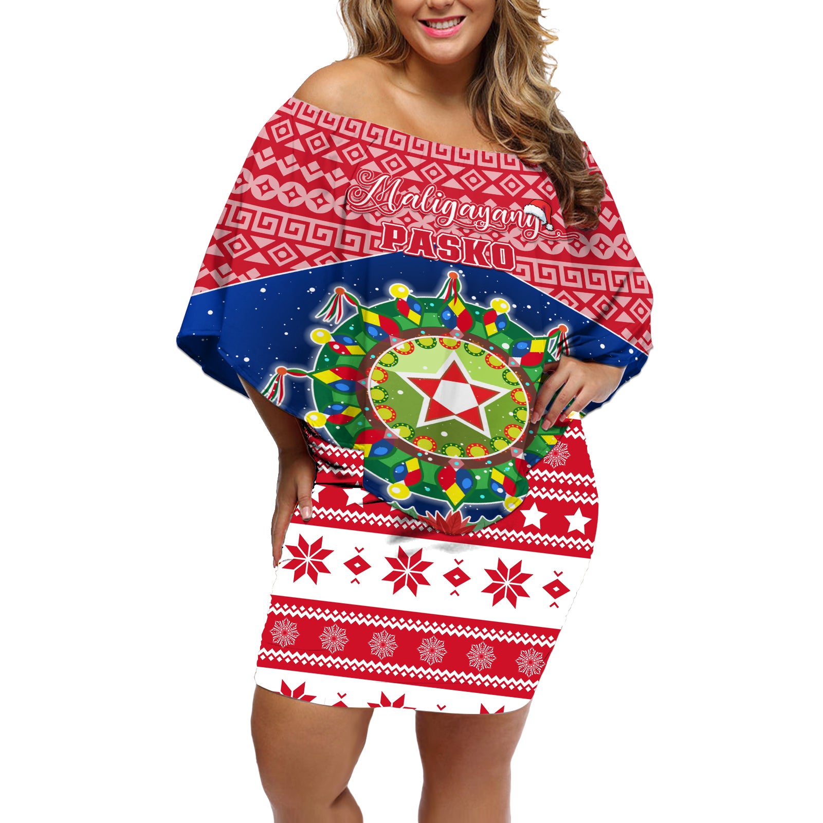 Personalised Philippines Christmas Off Shoulder Short Dress Filipino Parol Maligayang Pasko LT05 Women Red - Polynesian Pride