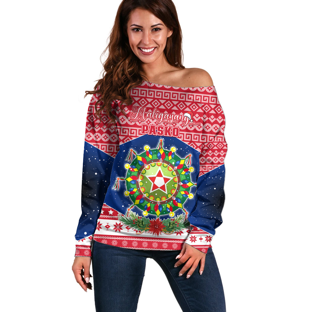 Personalised Philippines Christmas Off Shoulder Sweater Filipino Parol Maligayang Pasko LT05 Women Red - Polynesian Pride