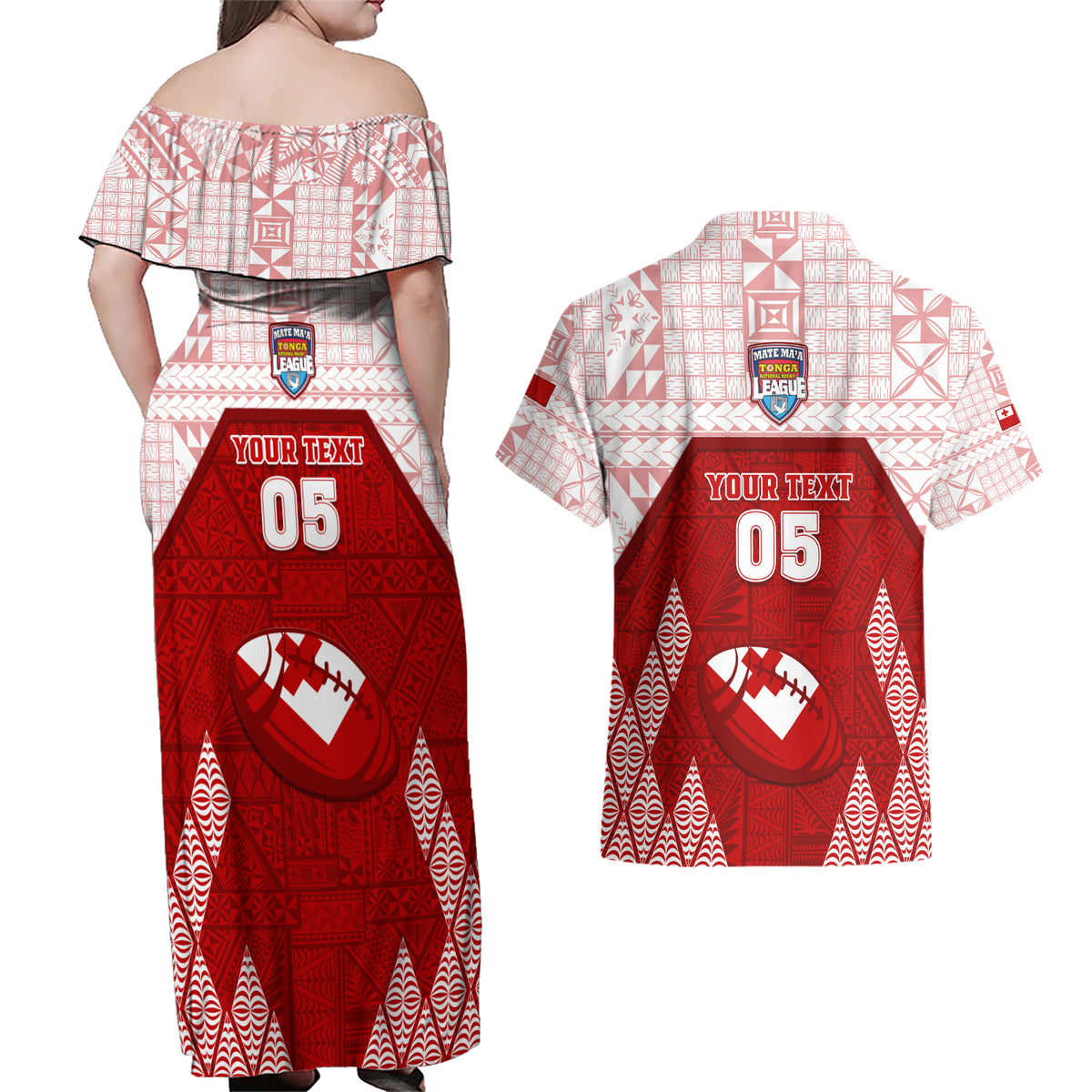 Custom Tonga Rugby Couples Matching Off Shoulder Maxi Dress and Hawaiian Shirt 2023 Pacific Championships Kupesi Ngatu Mate Maa LT05 - Polynesian Pride