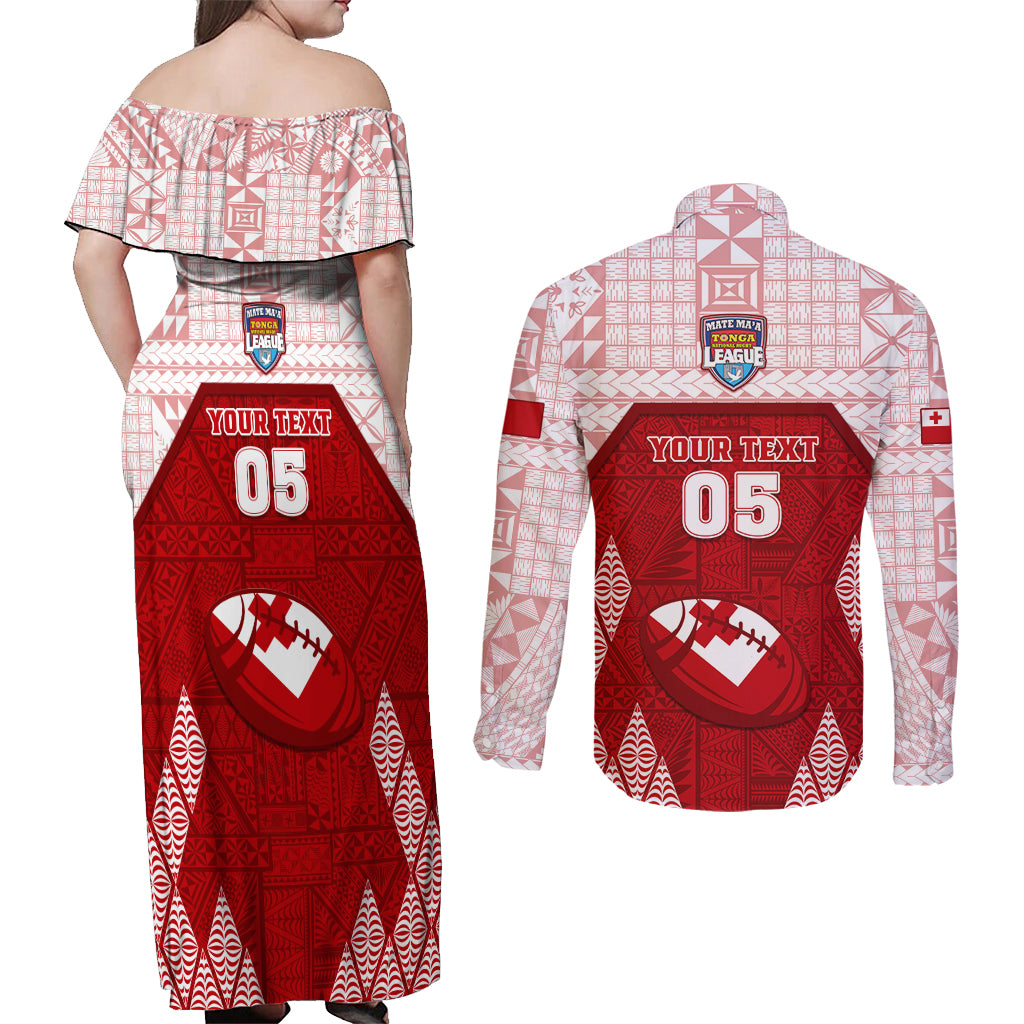 Custom Tonga Rugby Couples Matching Off Shoulder Maxi Dress and Long Sleeve Button Shirt 2023 Pacific Championships Kupesi Ngatu Mate Maa LT05 - Polynesian Pride