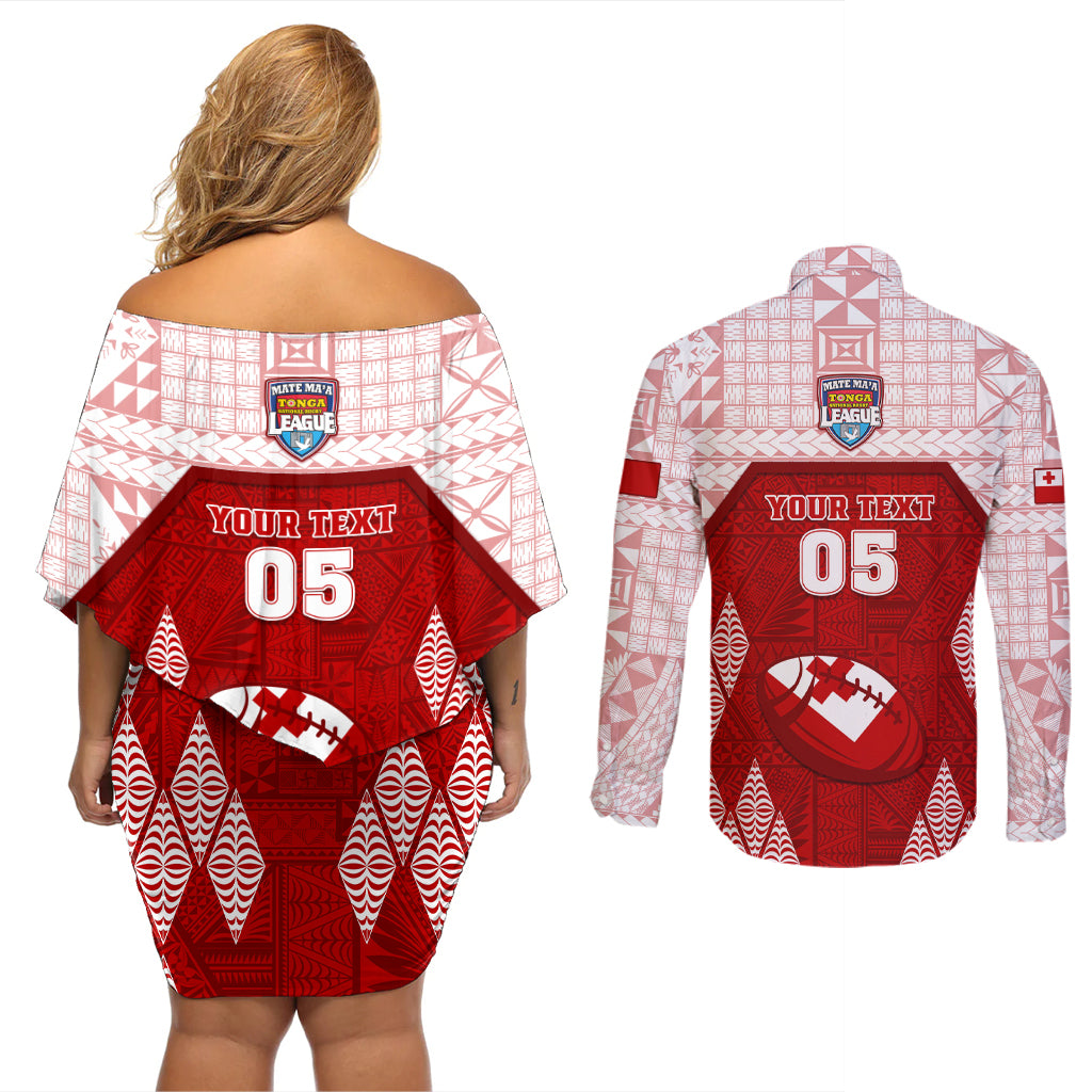 Custom Tonga Rugby Couples Matching Off Shoulder Short Dress and Long Sleeve Button Shirt 2023 Pacific Championships Kupesi Ngatu Mate Maa LT05 - Polynesian Pride