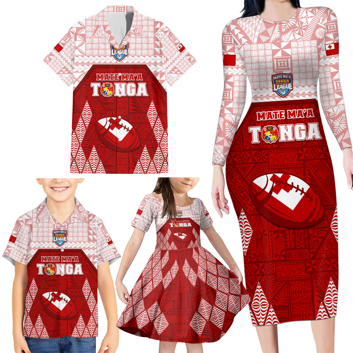 Custom Tonga Rugby Family Matching Long Sleeve Bodycon Dress and Hawaiian Shirt 2023 Pacific Championships Kupesi Ngatu Mate Maa LT05 - Polynesian Pride