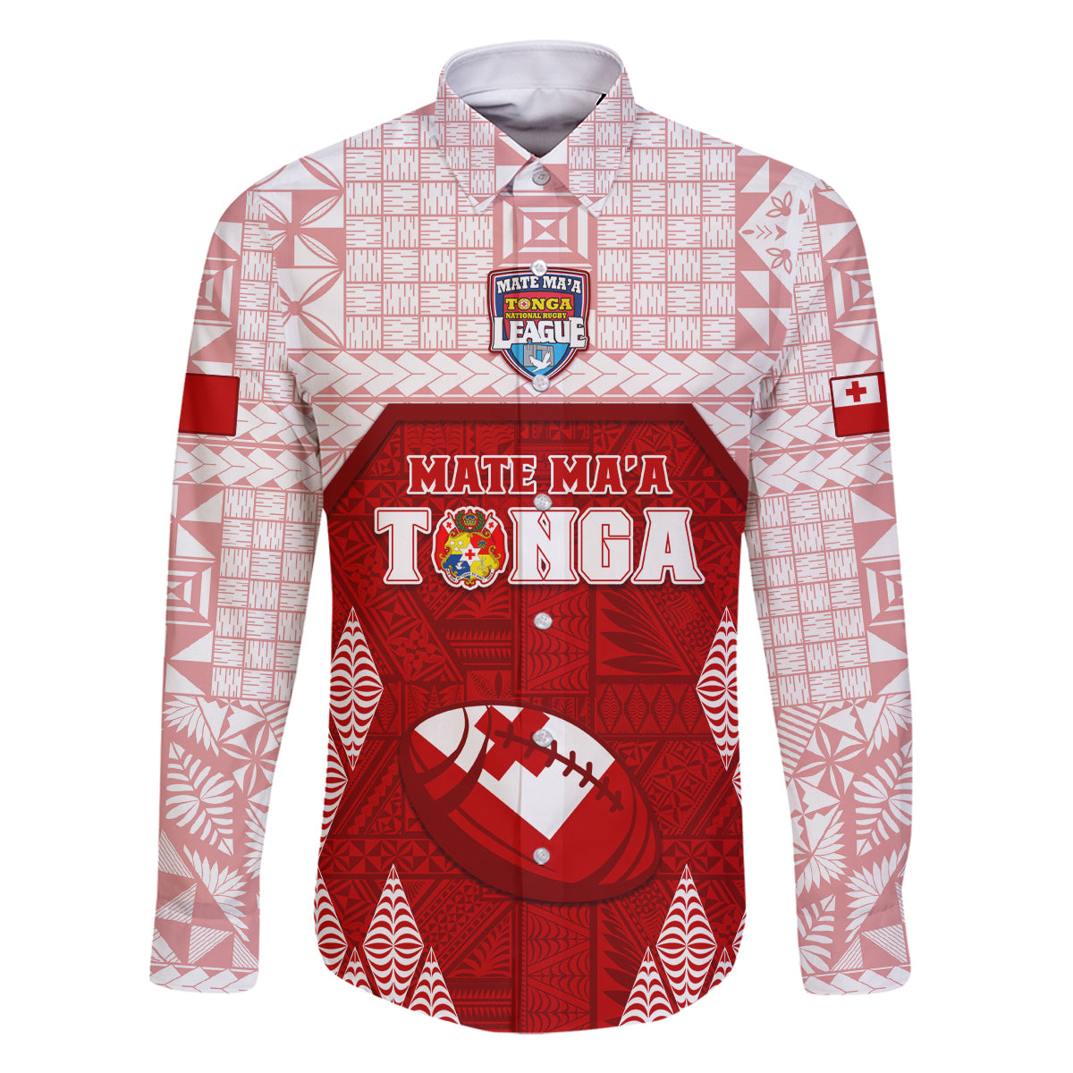 Custom Tonga Rugby Family Matching Off Shoulder Long Sleeve Dress and Hawaiian Shirt 2023 Pacific Championships Kupesi Ngatu Mate Maa LT05 Dad's Shirt - Long Sleeve Red - Polynesian Pride