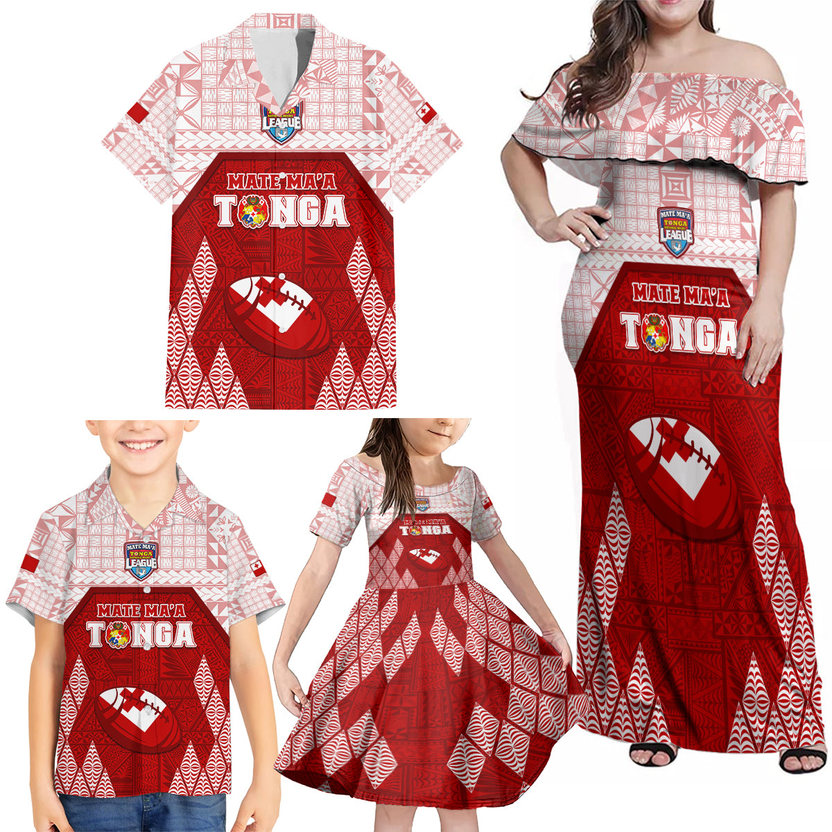 Custom Tonga Rugby Family Matching Off Shoulder Maxi Dress and Hawaiian Shirt 2023 Pacific Championships Kupesi Ngatu Mate Maa LT05 - Polynesian Pride