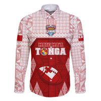 Custom Tonga Rugby Family Matching Off Shoulder Maxi Dress and Hawaiian Shirt 2023 Pacific Championships Kupesi Ngatu Mate Maa LT05 Dad's Shirt - Long Sleeve Red - Polynesian Pride