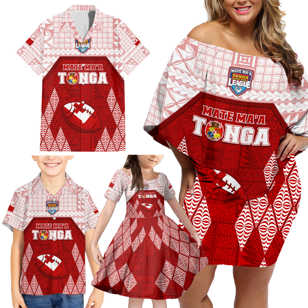 Custom Tonga Rugby Family Matching Off Shoulder Short Dress and Hawaiian Shirt 2023 Pacific Championships Kupesi Ngatu Mate Maa LT05 - Polynesian Pride