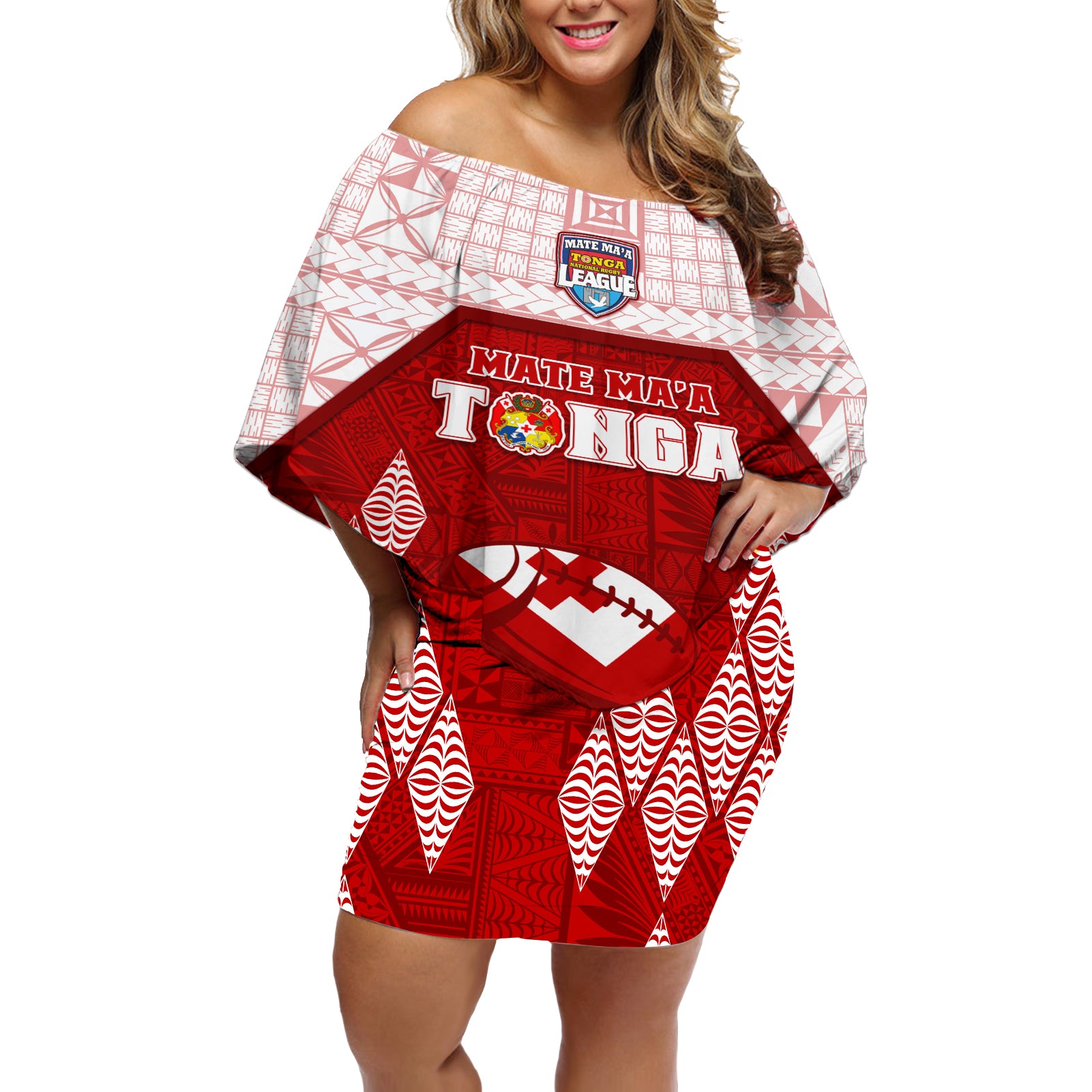 Custom Tonga Rugby Off Shoulder Short Dress 2023 Pacific Championships Kupesi Ngatu Mate Maa LT05 Women Red - Polynesian Pride