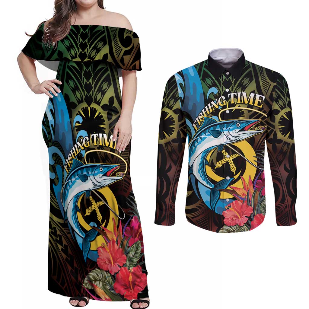 Vanuatu Fishing Couples Matching Off Shoulder Maxi Dress and Long Sleeve Button Shirt It's Time To Fish LT05 Black - Polynesian Pride
