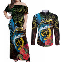 Vanuatu Fishing Couples Matching Off Shoulder Maxi Dress and Long Sleeve Button Shirt It's Time To Fish LT05 Black - Polynesian Pride
