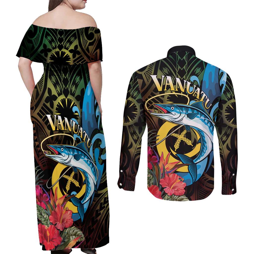 Vanuatu Fishing Couples Matching Off Shoulder Maxi Dress and Long Sleeve Button Shirt It's Time To Fish LT05 - Polynesian Pride