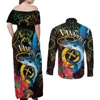 Vanuatu Fishing Couples Matching Off Shoulder Maxi Dress and Long Sleeve Button Shirt It's Time To Fish LT05 - Polynesian Pride